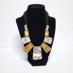 Silver, Gold and Black Leather Vintage Statement Necklace